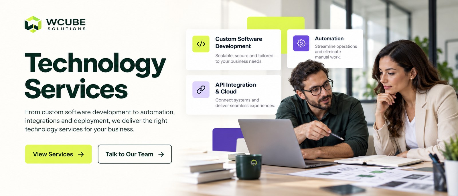 Technology specialists with illustrative software, automation, and integration panels.