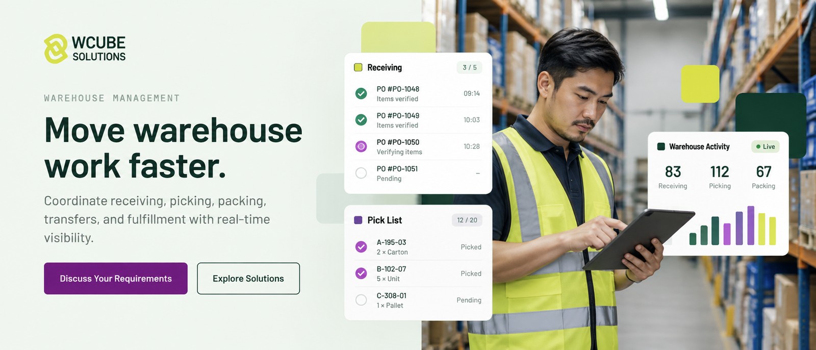 Warehouse operator with illustrative receiving, picking, and activity panels.